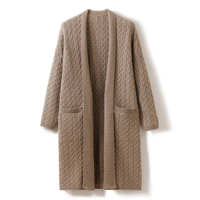 Winter Cashmere Mid-Length Knitted Cardigan Sweater Women's  Loose Cashmere Cardigan
