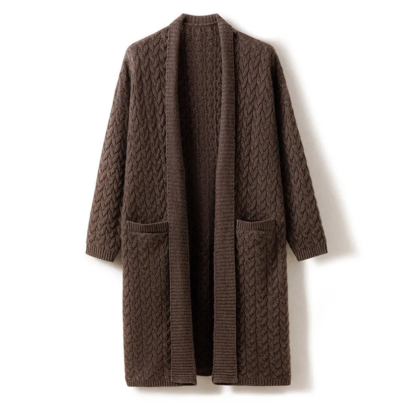Winter Cashmere Mid-Length Knitted Cardigan Sweater Women's  Loose Cashmere Cardigan