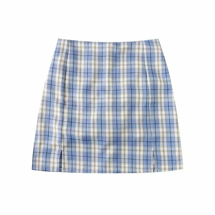 Women Split Details Plaid Mini Skirt with Under Shorts