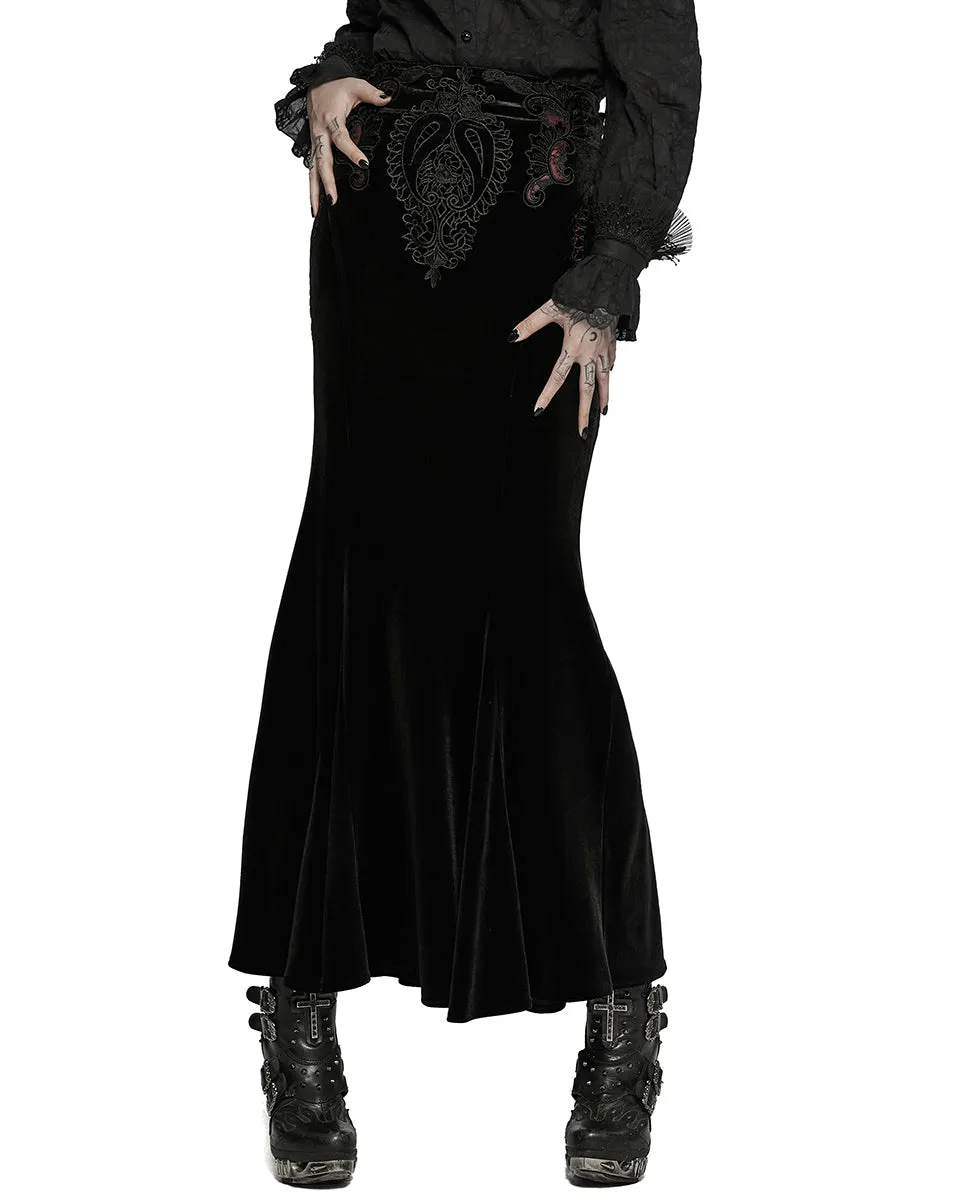 WQ-567 Womens Gothic Lace Applique Velvet Maxi Skirt - Black & Red