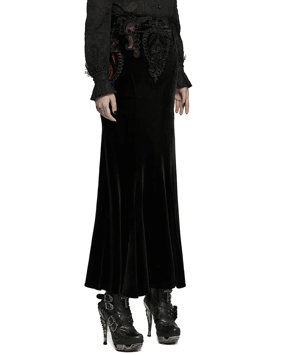 WQ-567 Womens Gothic Lace Applique Velvet Maxi Skirt - Black & Red