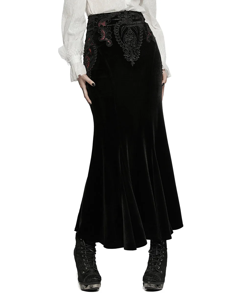 WQ-567 Womens Gothic Lace Applique Velvet Maxi Skirt - Black & Red