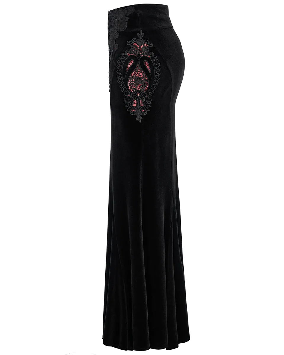WQ-567 Womens Gothic Lace Applique Velvet Maxi Skirt - Black & Red