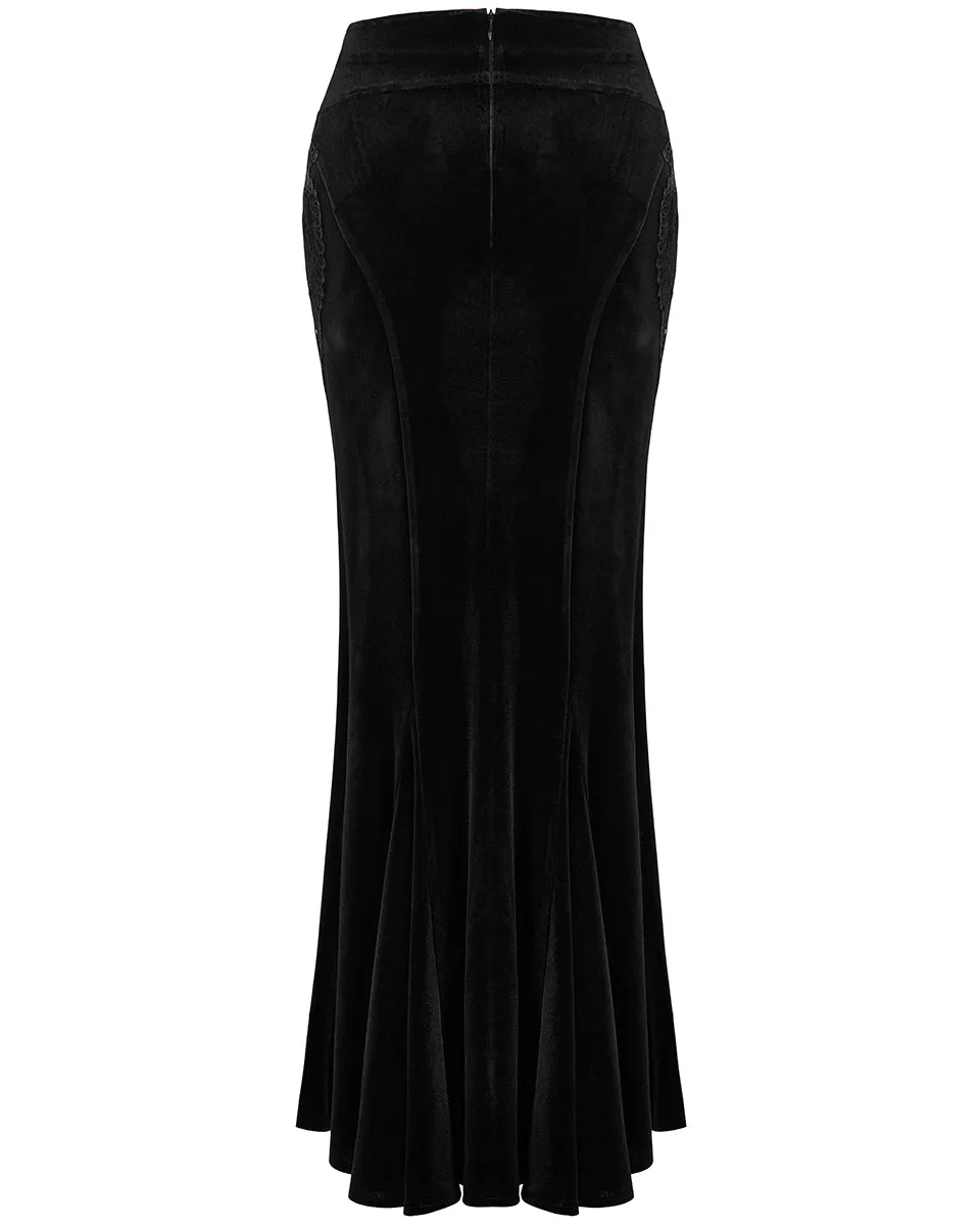 WQ-567 Womens Gothic Lace Applique Velvet Maxi Skirt - Black & Red