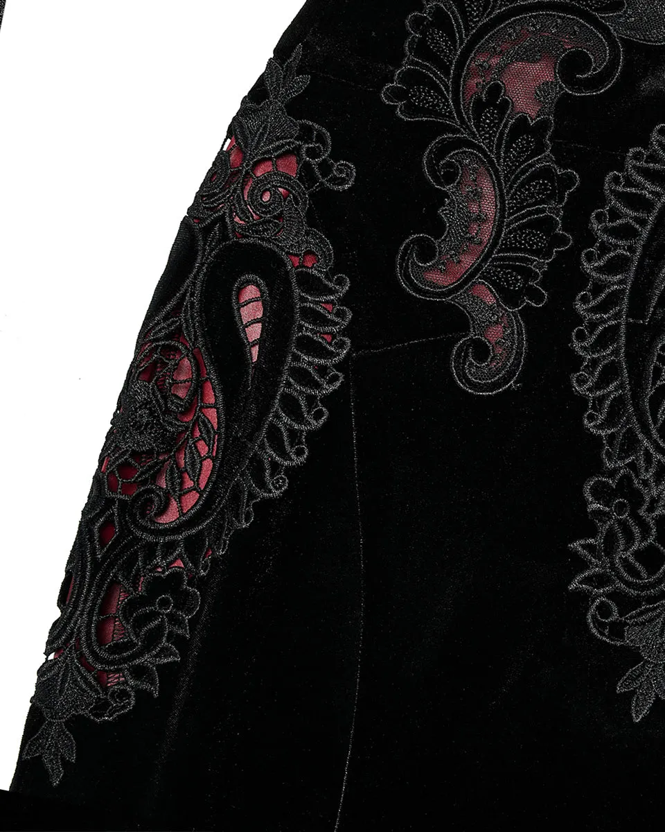 WQ-567 Womens Gothic Lace Applique Velvet Maxi Skirt - Black & Red