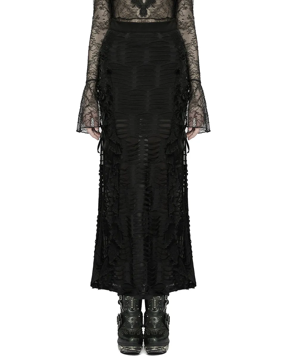 WQ-609 Womens Apocalyptic Gothic Witch Shredded Split Hem Maxi Skirt