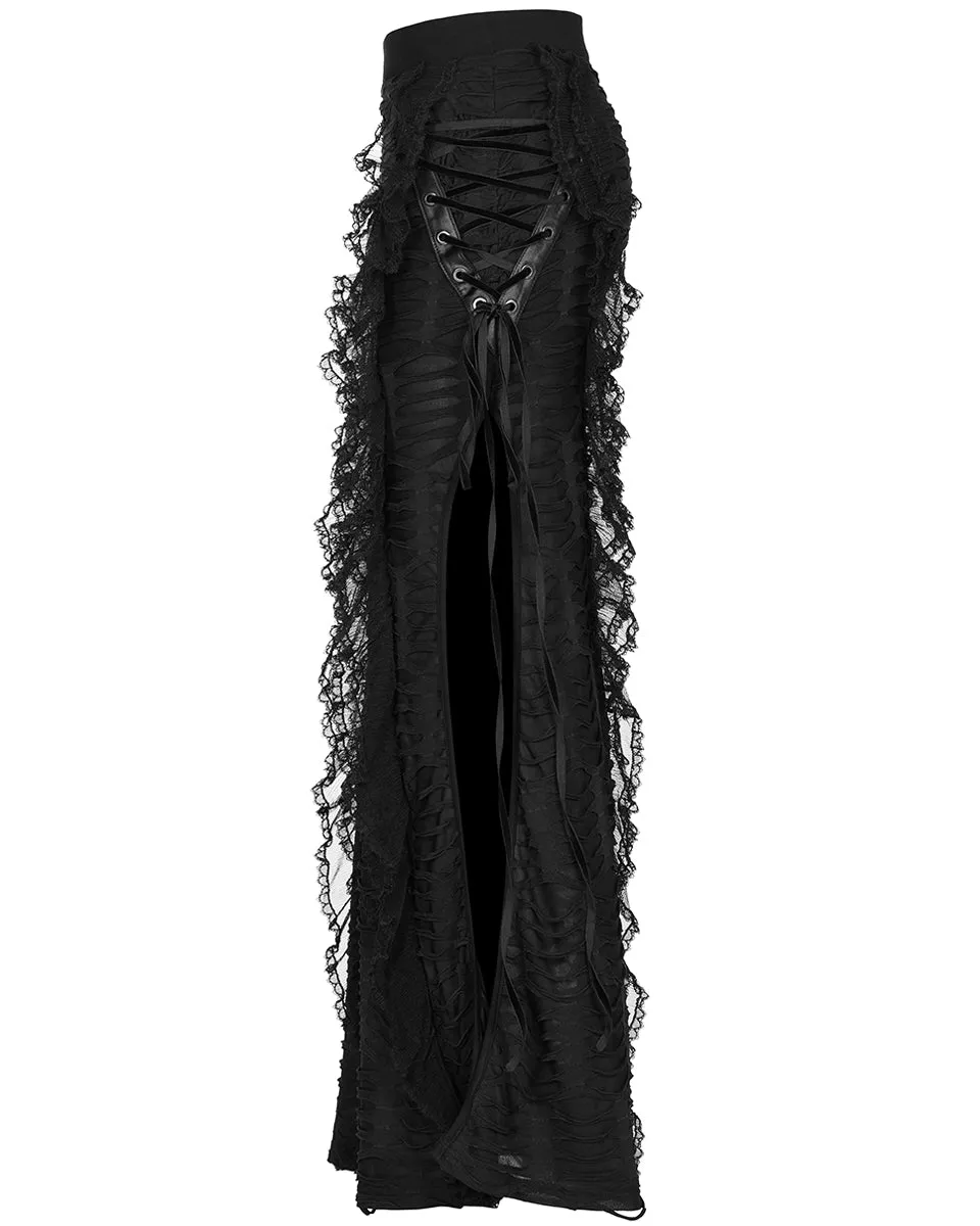 WQ-609 Womens Apocalyptic Gothic Witch Shredded Split Hem Maxi Skirt