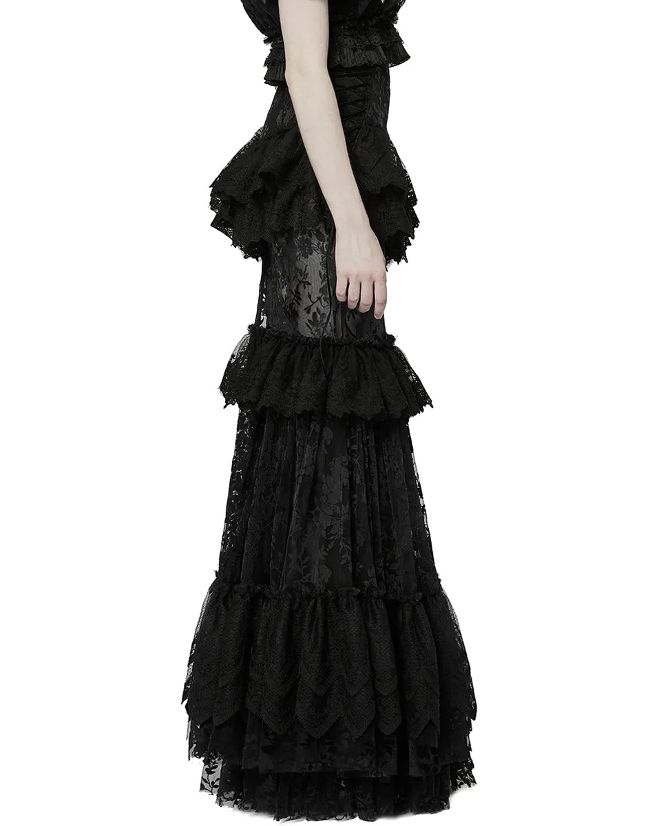 WQ-629 Dark Decadence Flocked Lace Gothic Maxi Skirt