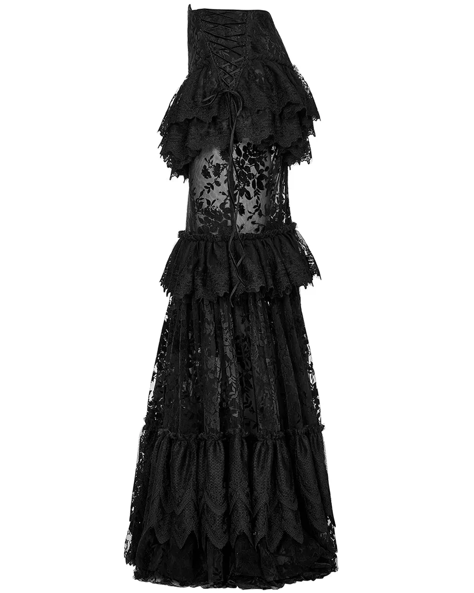 WQ-629 Dark Decadence Flocked Lace Gothic Maxi Skirt