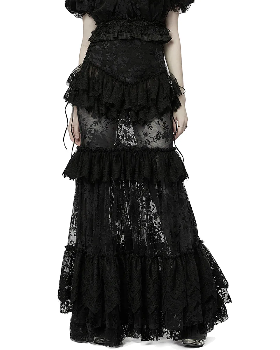 WQ-629 Dark Decadence Flocked Lace Gothic Maxi Skirt