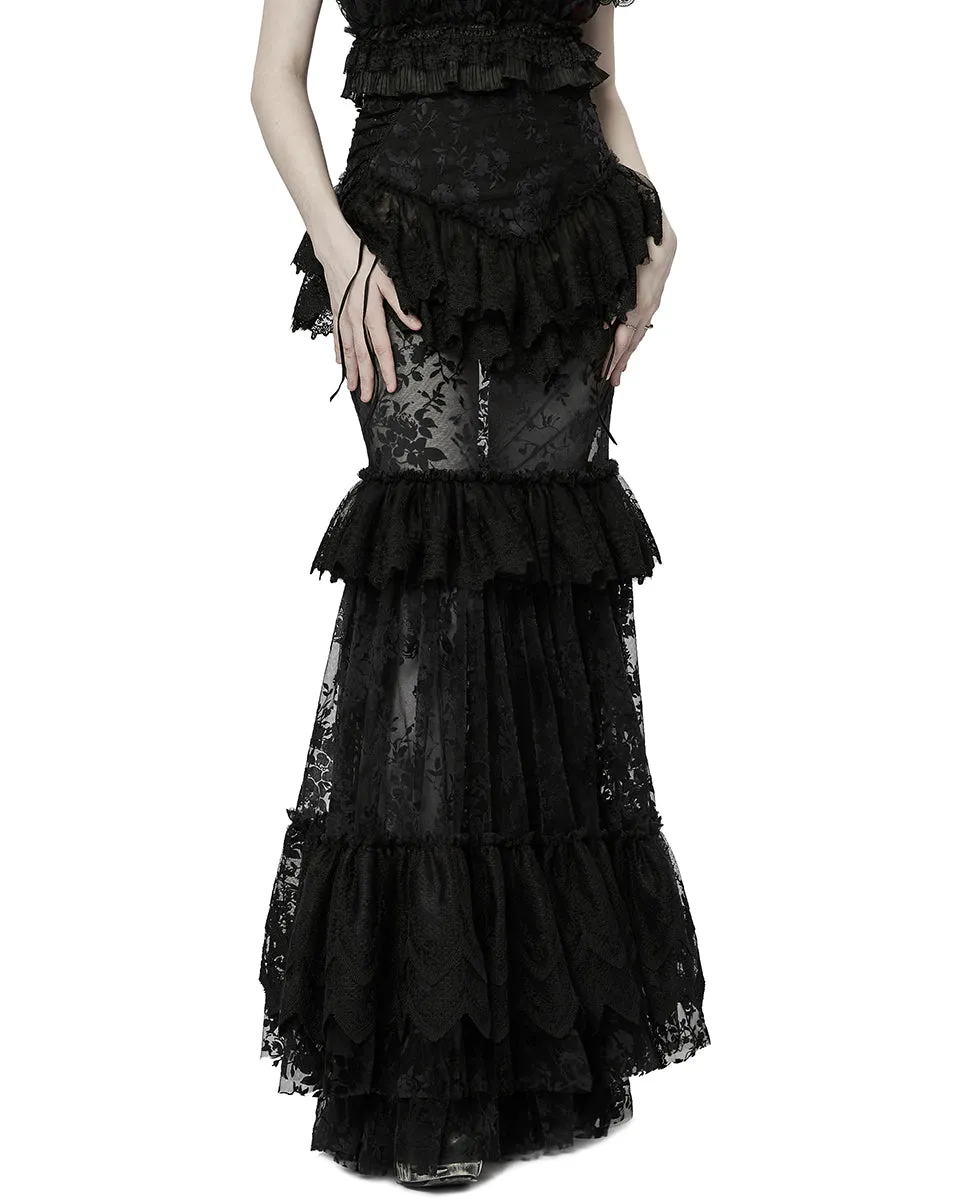 WQ-629 Dark Decadence Flocked Lace Gothic Maxi Skirt